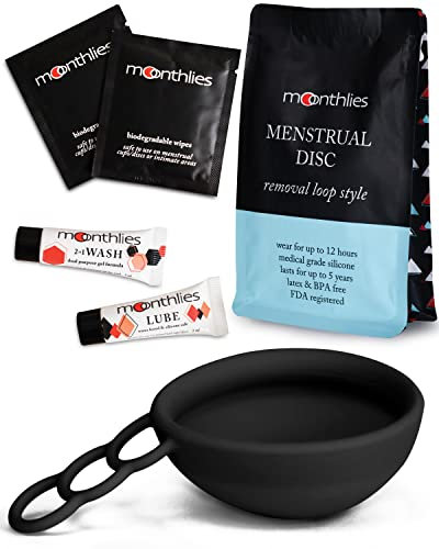 MOONTHLIES Reusable Menstrual Disc | Period Disc with Removal Loop Stem | Alternative to Menstrual Cups for Light or Heavy Flows | Sustainable Alternative to Tampons/Pads (1 Large, Black)