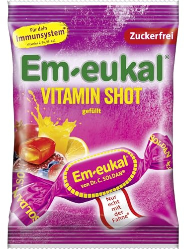Em-eukal Vitamin-Shot gefüllt zuckerfrei – Erfrischend fruchtig mit 10 Vitaminen – – 1 x 75g Beutel