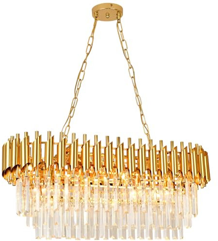 Modern Led Crystal Pendant Light Golden Crystal Chandelier Lights 3-Tier Raindrop Chandelier Light Fixture Flush Mount Ceiling Light for Dining Room Living Room Table Foyer,80cm*30cm E14x8