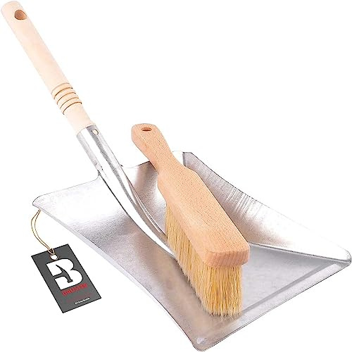 BAUSTER® Besen mit Kehrschaufel Set Handbesen Schaufel Kehrgarnitur Kehrblech und handfeger Metall Verzinkt Handfeger und Schaufel kaminbesen verzinkte Kehrschaufel mit Holzgriff Robust