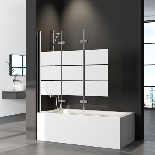 Duschwand für Badewanne 3-teilig Faltbar 120x140cm Badewannenaufsatz, Gestreift Glas Klappbar Duschwand Duschabtrennung für Badewanne aus 6mm Sicherheitsglas (ESG), Badewannenfaltwand