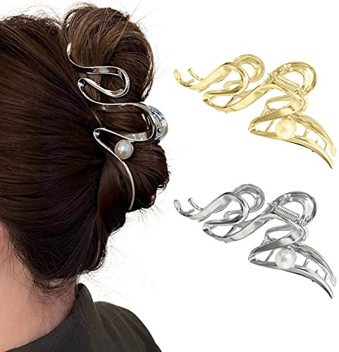 Lot de 2 grandes pinces à cheveux en perles - Antidérapantes - En métal argenté et doré - Forte adhérence - Accessoires de cheveux pour femmes et filles