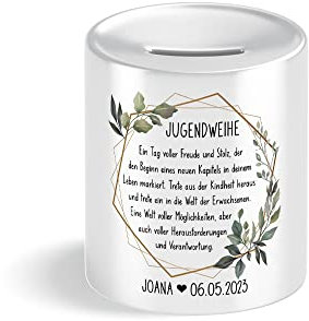 Spardose zur Jugendweihe für Mädchen und Jungen personalisiert mit Namen und Datum Geschenke Geschenk Geldgeschenk Deko (Olive & Gold)
