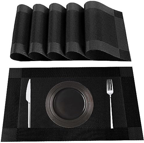 Lumaca Tischsets Abwaschbar, Set mit 6 Platzset aus 70% PVC und 30% Polyester, rutschfest, Hitzebeständig, für Küchentisch,Schwarz