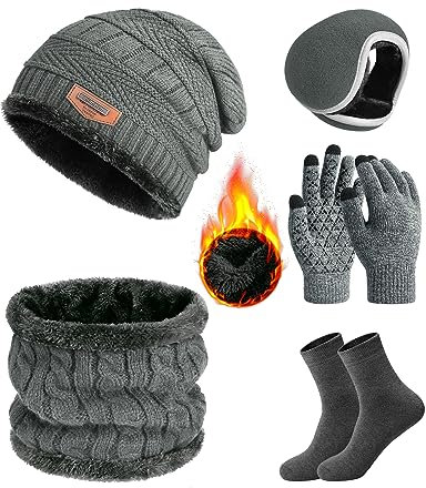 Vijamiy Ensemble Bonnet Écharpe pour Homme Beanie Bonnet Hiver Foulard Polaire Doublé Gant Tactile Cache Oreilles Chaud Chaussettes Tricotés Thermiques 5 en 1(Gris)