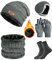 Vijamiy Ensemble Bonnet Écharpe pour Homme Beanie Bonnet Hiver Foulard Polaire Doublé Gant Tactile Cache Oreilles Chaud Chaussettes Tricotés Thermiques 5 en 1(Gris)