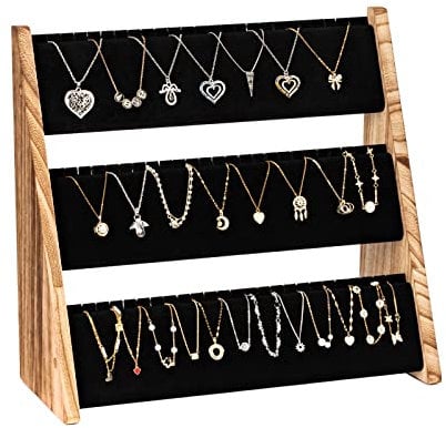 Emfogoo Necklace Stand, 3-Tier Necklace Holder Jewellery Organiser Stand with Velvet, Wood Necklace Jewellery Display Stand for Selling, Necklace Organiser for 72 Necklaces Bracelets (Rustic Brown)
