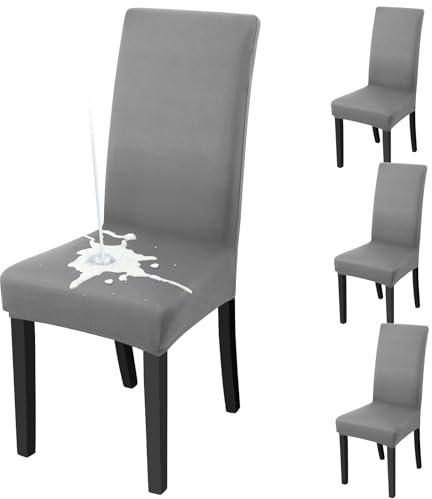 Fuloon Stuhlhussen wasserdichte,Stretch Stuhlbezug Moderne Stuhlüberzug Elastische Abnehmbar Waschbar Spannbezug für Esszimmerstühle Schwingstuhl 4er Set,Grau