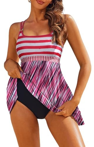 AI'MAGE Donna Mare Tankini Set Costume da Bagno Estivo Due Pezzi Costumi Sexy Push Up Beachwear Forti, Rosa, M