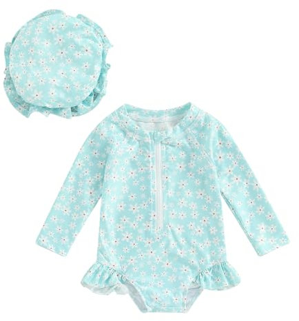 HodJIU Maillot de Bain Bébé Fille 1 Pièce Combinaison Anti UV à Manches Longues Costume de Bain Piscine Natation + Chapeau de Soleil (Vert Fleurs, 6-9 Mois)