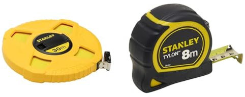 Stanley 0-34-297 Mètre À Ruban Fibre De Verre 30 M Jaune Fluo - Revêtement Pvc - Anti-Corrosion & Mètre 8 M X 25 mm Bi Matière Tylon - Boitier Ergonomique - Ruban en Acier Laqué
