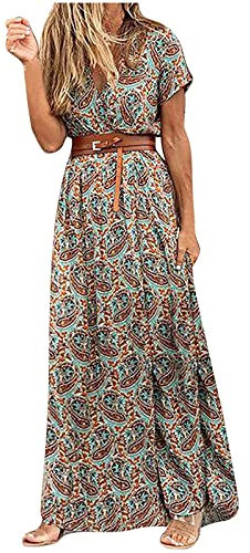 Robe Ete Femme Mi Longue Boheme Grandes Tailles Robe De Plage Robe de Travail Chic et Elegant Décontractée Imprimé Floral Manche Courte Jupe Vêtements Femme Cotton en Line Chemise Robes