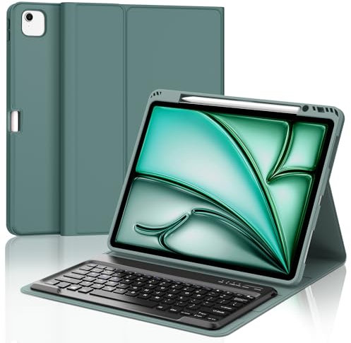 JADEMALL Keyboard Case for iPad Air 13 inch (M3 2025, M2 2024), UK Layout Wireless Detachable Bluetooth Keyboard with Slim Protective Cover and Pencil Holder for iPad Air 13 inch Tablet, Dark Green