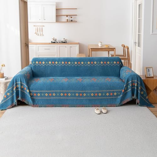 VanderHOME Bohemian Chenille Couch Überwurf, Sofa Überzug 1/2/3/4 Sitzer, Multifunktionaler Sofabezug, Doppelseitige Sofa Cover Couch Überwurf für Sofa und Bett 180 * 420cm-Blau