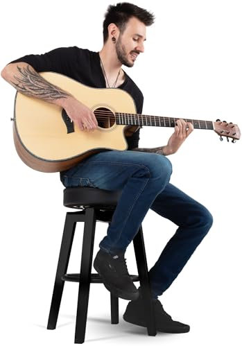 Classic Cantabile Pub-Hocker - Niedriger Barhocker für Gitarristen - Gitarrenhocker mit Fußstütze - Runde, drehbare Sitzfläche aus Kunstleder - Sitzhöhe: 24 - Vier Beine aus Holz - Schwarz matt