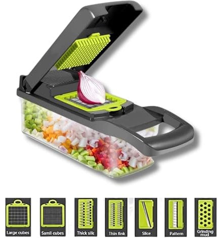 Ultimate 12-in-1 Vegetable Chopper and Mandoline Slicer – Innovative Multi-Functional Food Cutter, Adjustable Slicer, Grater, and Dicer with Fixed Handle and Integrated Fruit Peeler for Efficient Food