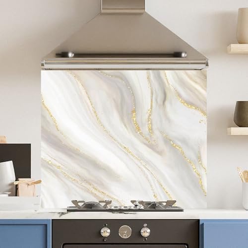 Toughened 6mm Glass Kitchen Splashback 90 x 65cm Elegant Gold Marble - Polished Heat Resistant Back Splash for Cookers Hob