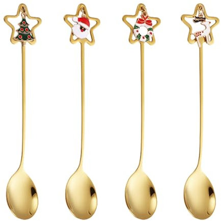 Weihnachtslöffel aus Edelstahl,Weihnachtskaffeelöffel - 4X goldene Espressolöffel - Kuchenlöffel zum Rühren von Cocktails, Mixen, Tee, Milchshake, spülmaschinenfest