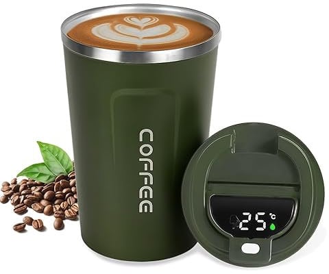 AMFUN Taza de café 380ML, Verde Taza de Viaje de Acero Inoxidable, Taza de Automóvil de Doble Pared de Aislamiento Taza con Pantalla Inteligente Indicador de Temperatura