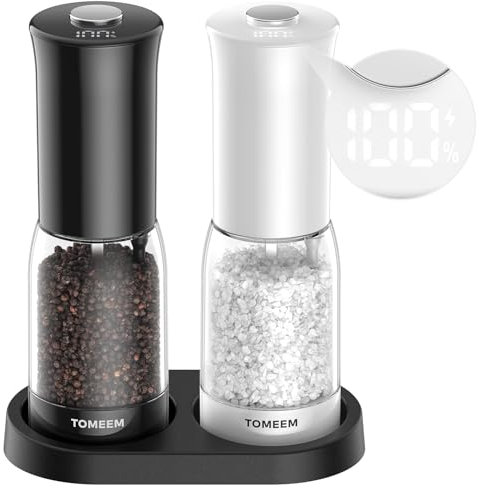 Electric Salt and Pepper Grinder Set with LED Power Display, Larger Capacity Rechargeable Salt and Pepper Set with Storage Base, LED Light, Adjustable Coarseness, Ideal for Kitchen, Black and White