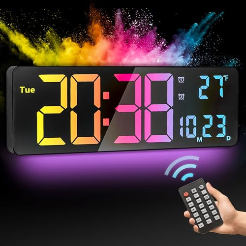 PiKaPiKaP Orologio da Parete Digitale, 16 Grande Orologio Digitale con 11 Colori RGB, Data di ora Temp Settimana, Timer, 12/24Hr, Auto-dimming, per Soggiorno/Aula/Palestra/Chiesa/Negozio/Garage