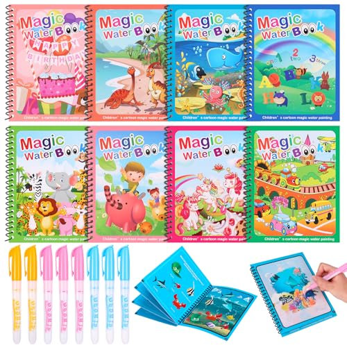 Magic Water Colouring Books, 8 Pcs Reusable Water Painting Books with 8 Water Pens, Magic Painting Books Coloring Book Educational Learning Toy for Kids 3 4 5 6 Year Old Boys Girls