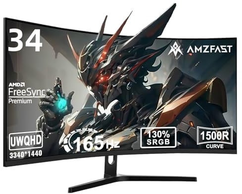 Amzfast Monitor Gaming Curvo 34 Pollici UWQHD 3440x1440 165Hz 1ms MPRT Adaptive Sync 1500R 95% DCI-P3 HDMI 2.0 DisplayPort 1.4, AMZG34C5Q