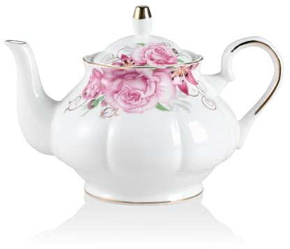 Sweejar Home Porcelain Teapot, Vintage Floral Gold Rim Design Ceramic Tea Pot, Flower Tea Loose Leaf Teapot, Coffee Pot, Women and Tea Lovers, 800ml, 3-4 Cups (Flower)