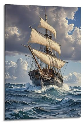 ZCJYMX Dekoratives Gemälde-Poster, Vintage-Segelschiff, navigiert durch dynamische Ozeanwellen unter bewölktem Himmel, moderne Familie für Wohnzimmer, Leinwand, Wandkunstdruck, Bild, 20 x 30 cm