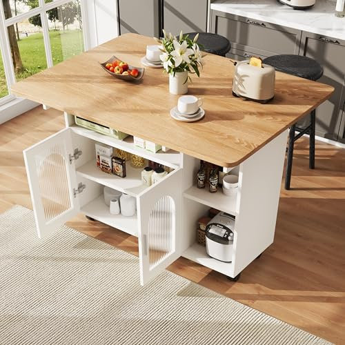 SogesHome Isola della cucina mobile su 4 ruote, grande armadio da cucina, carrello da portata con piano di lavoro pieghevole, 2 ante per sala da pranzo, cucina, bianco