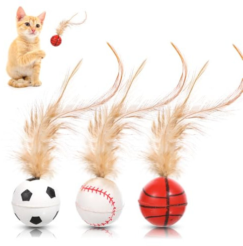 Giantree Hüpfender Katzenball mit Feder, 3 Stück Katzen-Hüpfbälle Federn Katzenspielzeug, Federballspielzeug für Wohnungskatzen Durchmesser 3cm Interaktives Katzenspielzeug Ball für Katzen Sport