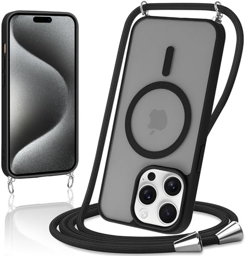 Knrlqim Magnétique Coque pour iPhone 15 Pro 6,1 avec Cordon,Compatible avec MagSafe,Etui Translucide Mat Arrière Housse Fine Antichoc, Réglable Collier Lanière Étui Portable Lanyard Case,Noir