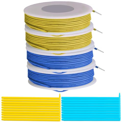 MKBKLLJY Alambre eléctrico de PVC de calibre 20 de 300 V, aislamiento de 20 AWG, alambre de cobre recubierto estañado, 2 colores (amarillo/azul) 5 m, surtido de cables con bridas para cables para