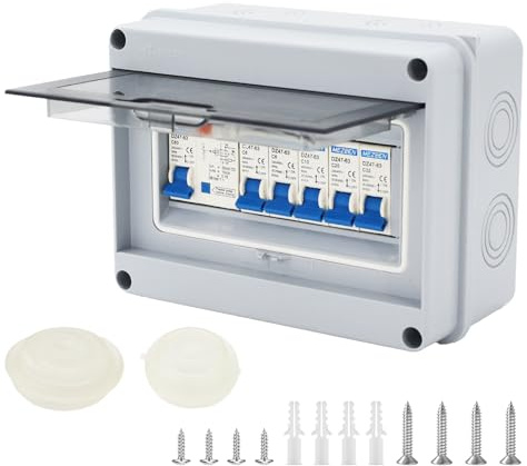 IP65-Aufputz-5-Wege-Sicherungskasten 63 A 30 mA RCD 5MCB (2 × 1P6 A + 1P10 A + 1P20 A + 1P32 A) für Wohnmobile, Garagen und Werkstätten (5 Wege)