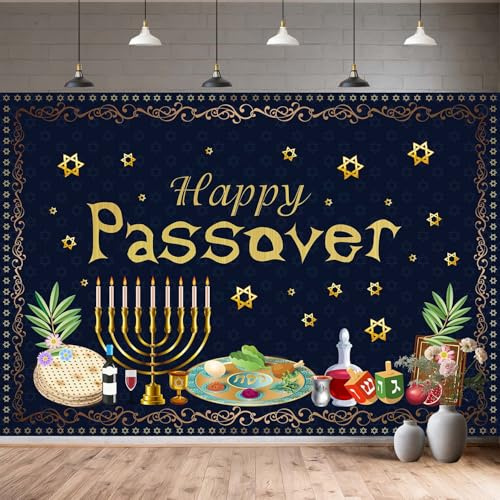 Happy Passover Backdrop,Jewish Pesach Holiday Party Decorations, Passover Seder Table Banner, Background for Photography Photo Shoot Studio Props,7x5FT