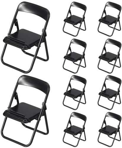 BESPORTBLE 12pcs Mini Folding Chair Phone Holder, Dollhouse Miniature Plastic Foldable Chairs for Home Office Desk Decor, Black