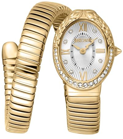Just Cavalli Signature Snake Fiore - Damen-Armbanduhr Quarz Mode Armband und Gehäuse aus Edelstahl Farbe Gold Analoges Zifferblatt Grau - JC1L390M0025
