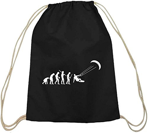Shirtstreet24, EVOLUTION KITESURFEN,Kitesurfer kiten Baumwoll natur Turnbeutel Rucksack Sport Beutel, Größe: onesize,schwarz natur