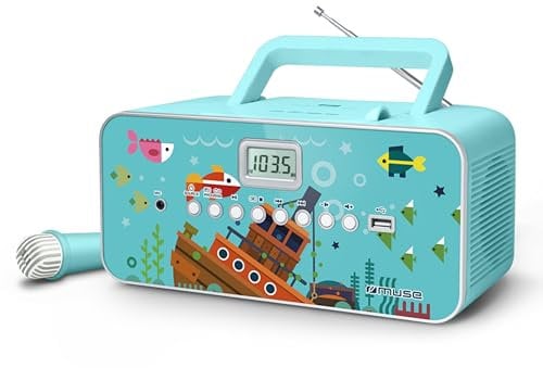 Muse M-29KB CD-Radio für Kinder mit Mikrofon und Sing-A-Long Karaoke Funktion (CD / MP3, USB, AUX-In, LCD-Display, Teleskopantenne), Blau mit Meeresmotiv
