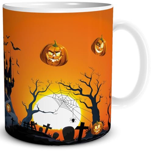 TRIOSK Tasse Halloween Kürbis Tanz lustig mit Halloweenmotiv Party Deko Geschenk für Halloweenfans Männer Frauen Freundin Kinder Orange, Keramik 300ml