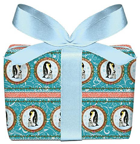 5er Set Weihnachts Geschenkpapier Bögen PINGUIN MIT BABY EISBLAU TÜRKIS Weihnachten, Adventszeit, Weihnachtspapier für Geschenke, Adventskalender, PEFC zertifiziertes Papier, 50 x 70 cm