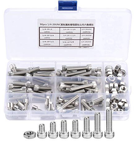 Vis à Tête Cylindrique 90Pcs 1/4-20UNC Vis à Tête Creuse à Six Pans Creux en Acier Inoxydable 304 Vis à Tête Cylindrique à Tête Creuse Assortiment VIS 1/4
