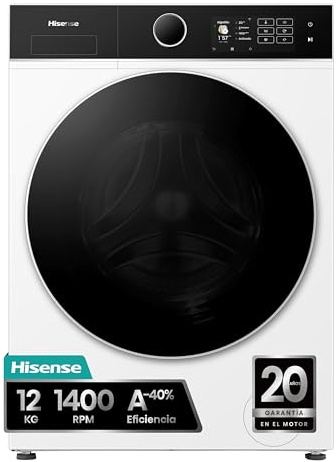Hisense WF5I1245BWR - Lavadora 12 Kg, Clase A-40%, 1400 rpm, AutoDose, puerta cristal, fondo reducido 59,5cm, ancho 59,5cm, alto 84,5cm - Color Blanco