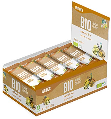 Weider Bio Natural Bar (20x50g) Almendra-Coco, Barritas Ecológicas Energéticas de Almendra y Coco, Sin Azúcar añadido, Sin Aceite de Palma, Vegano