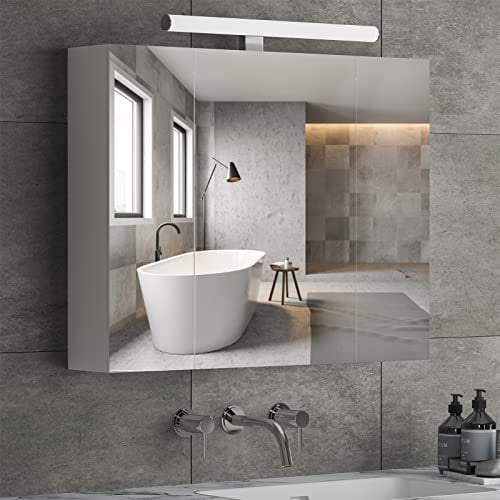 DICTAC Specchio Bagno Contenitore con Illuminazione Led e Presa 70x60x15 cm Armadietto Bagno con Specchio,Mobile Bagno con Specchio,Specchiera Bagno con Luce e 3 Ante e Conservazione,Bianco