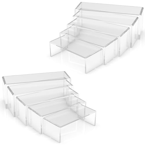 FAZMoss 2 Sets Clear Acrylic Display Stand, 5 Sizes, Clear Acrylic Display Risers Showcase Shelf Stand for Jewelry Store Equipment Display (10Pack)