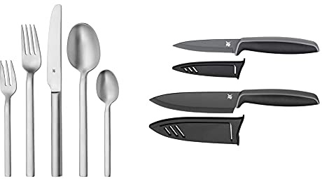 WMF Alteo Edelstahl Besteck Set 6 Personen, 30-teilig, Monobloc-Messer, Cromargan Edelstahl mattiert & Touch Messerset 2-teilig, Küchenmesser mit Schutzhülle, Spezialklingenstahl antihaftbeschichtet