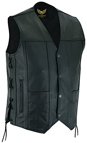 Leatherick Gilet da uomo in vera pelle di vacchetta a grana alta Gilet classico nero con lacci laterali e tasche per il trasporto nascoste - Nero - S