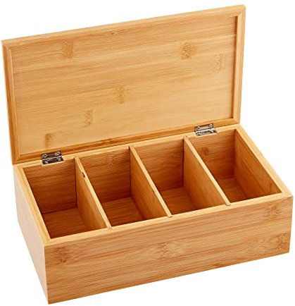 Teeverliebt Teebox aus Holz mit 4 Fächern I Teekiste Aufbewahrung für Tee I Teekiste Holz zum Befüllen und Verschenken I Teebeutel Aufbewahrungsbox als Geschenkidee Mitbringsel uvm.