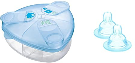 MAM Milk Powder Box, Formula Milk Powder Dispenser Stores 40 g Per Serving, Blue & Teats Size 2, Suitable for 2+ Months, MAM Medium Flow Teats with SkinSoft Silicone, Pack of 2